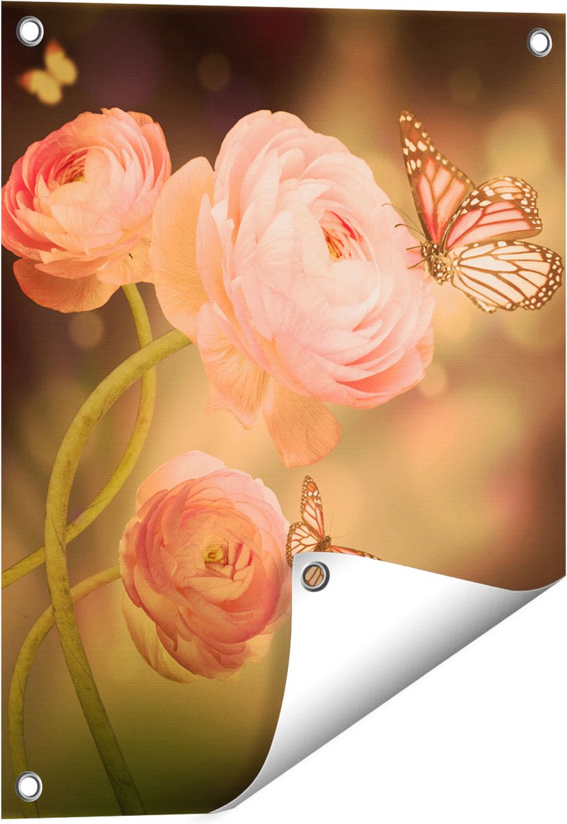 Gards Tuinposter Twee Roze Vlinders bij Roze Rozen - 40x50 cm - Tuindoek - Tuindecoratie - Wanddecoratie buiten - Tuinschilderij Multikleur