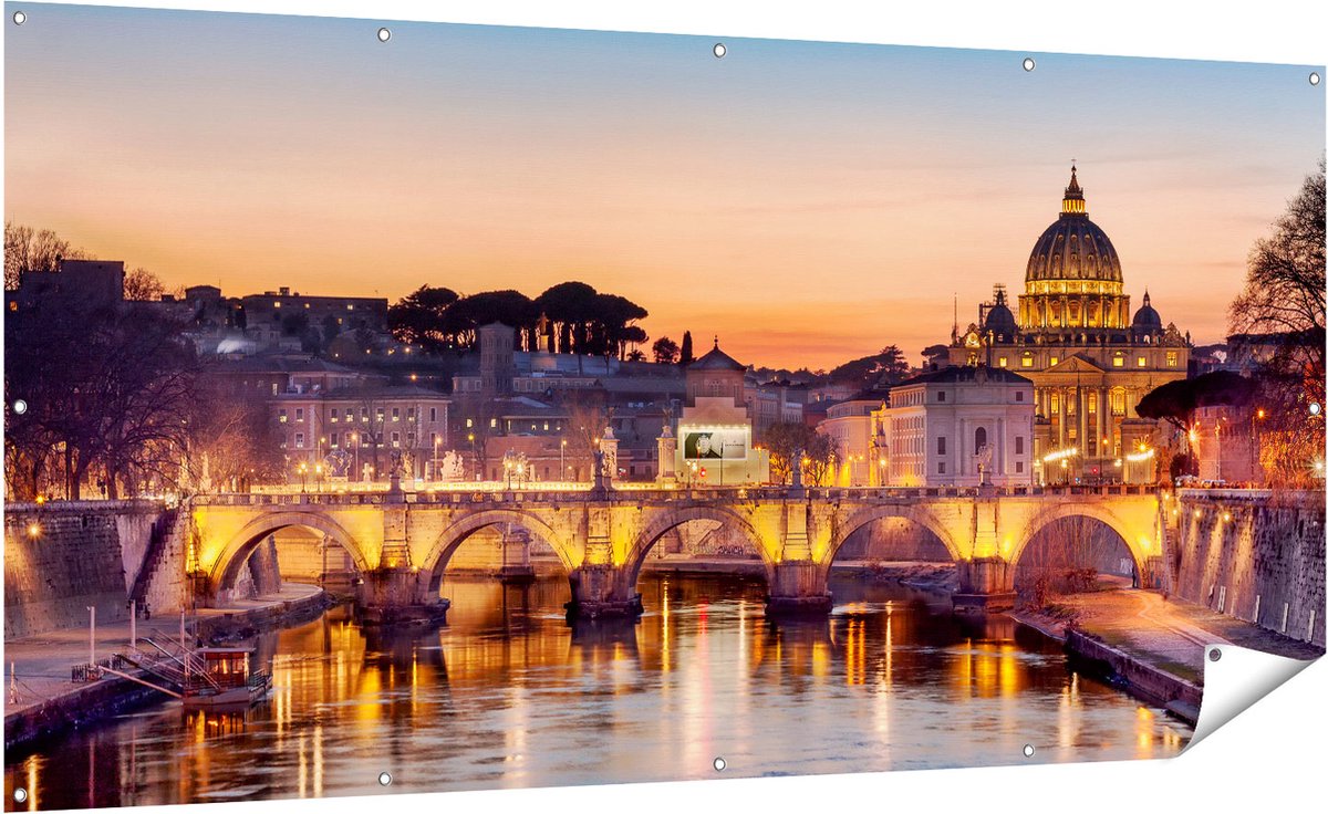 Gards Tuinposter Engelenbrug in Rome bij Zonsondergang - 200x100 cm - Tuindoek - Tuindecoratie - Wanddecoratie buiten - Tuinschilderij Multikleur