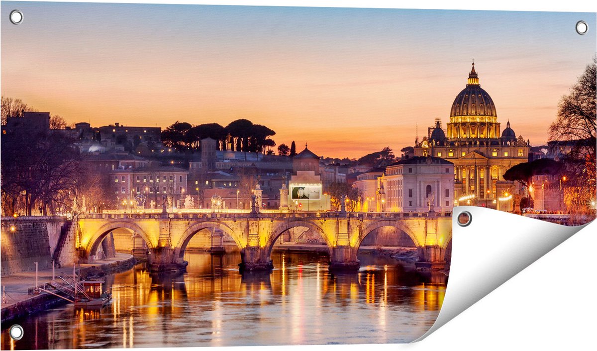 Gards Tuinposter Engelenbrug in Rome bij Zonsondergang - 80x40 cm - Tuindoek - Tuindecoratie - Wanddecoratie buiten - Tuinschilderij Multikleur