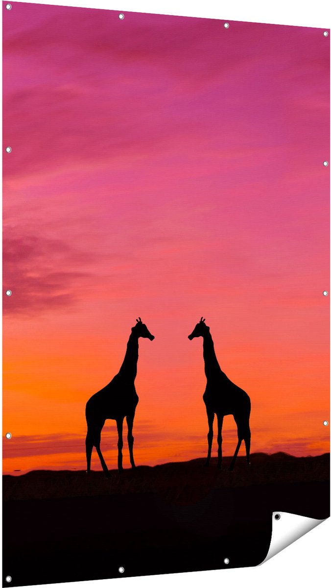 Gards Tuinposter Twee Giraffe Silhouetten bij Zonsondergang - 120x180 cm - Tuindoek - Tuindecoratie - Wanddecoratie buiten - Tuinschilderij Multikleur