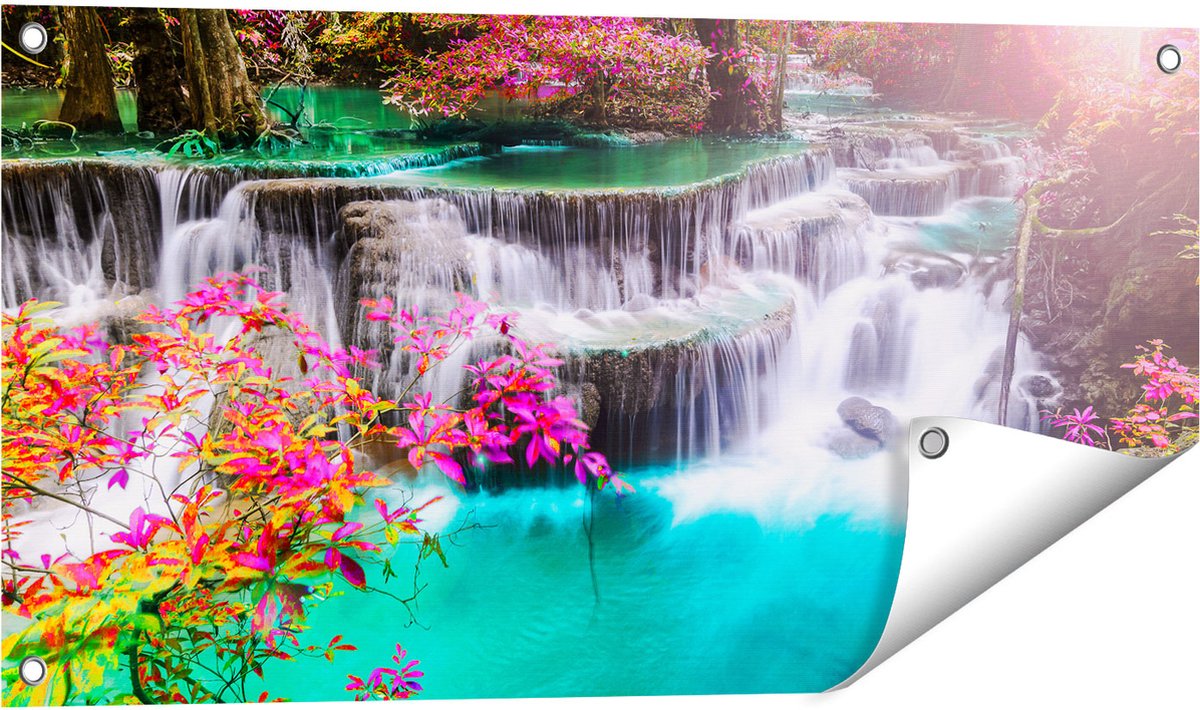 Gards Tuinposter Waterval in de Herfst met Kleurrijke Bloemen - 80x40 cm - Tuindoek - Tuindecoratie - Wanddecoratie buiten - Tuinschilderij Multikleur