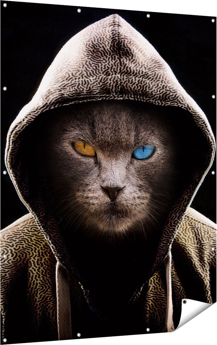 Gards Tuinposter Boze Kat Draagt een Hoodie - 120x160 cm - Tuindoek - Tuindecoratie - Wanddecoratie buiten - Tuinschilderij Multikleur