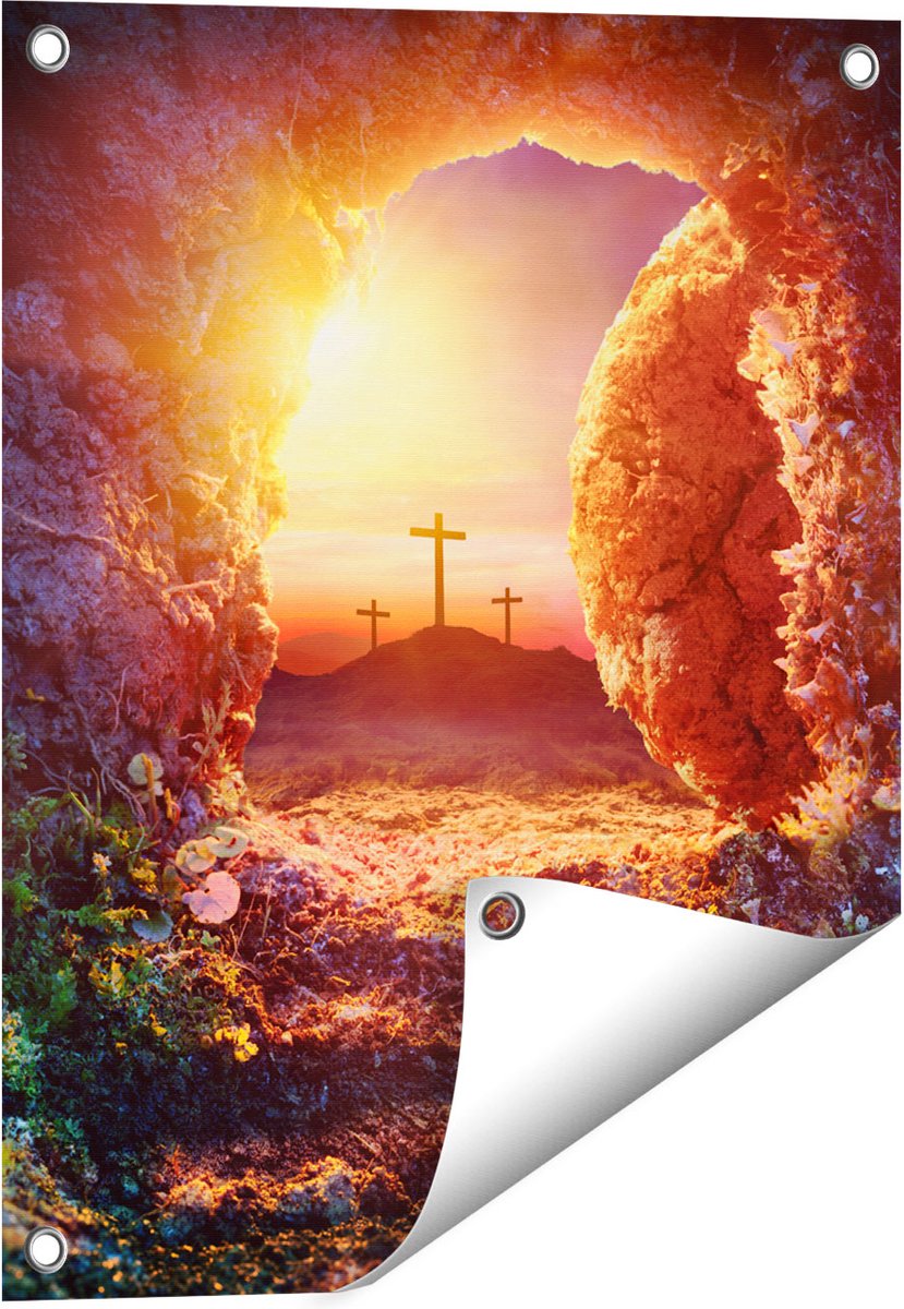 Gards Tuinposter Kruisiging bij Zonsopgang - Opstanding Jezus - 40x50 cm - Tuindoek - Tuindecoratie - Wanddecoratie buiten - Tuinschilderij Multikleur