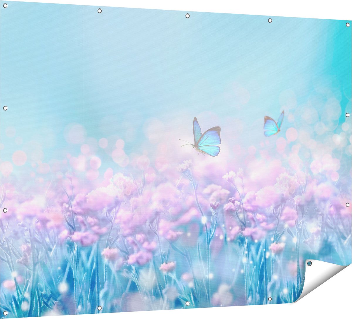Gards Tuinposter Twee Blauwe Vlinders bij Roze Bloemen - 160x120 cm - Tuindoek - Tuindecoratie - Wanddecoratie buiten - Tuinschilderij Multikleur