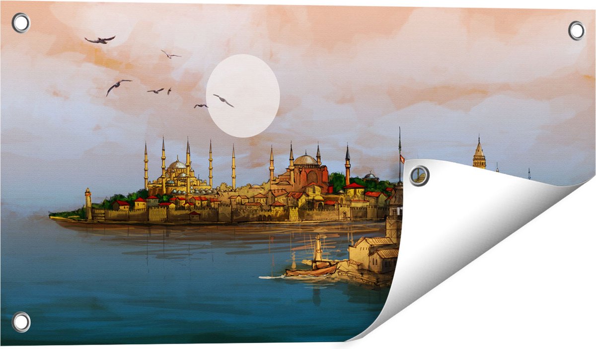 Gards Tuinposter Illustratie van de Maiden's Tower in Istanbul - 60x30 cm - Tuindoek - Tuindecoratie - Wanddecoratie buiten - Tuinschilderij Multikleur