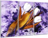 GroepArt - Schilderij -  Tulpen - Paars, Bruin, Wit - 120x80cm 3Luik - 6000+ Schilderijen 0p Canvas Art Collectie