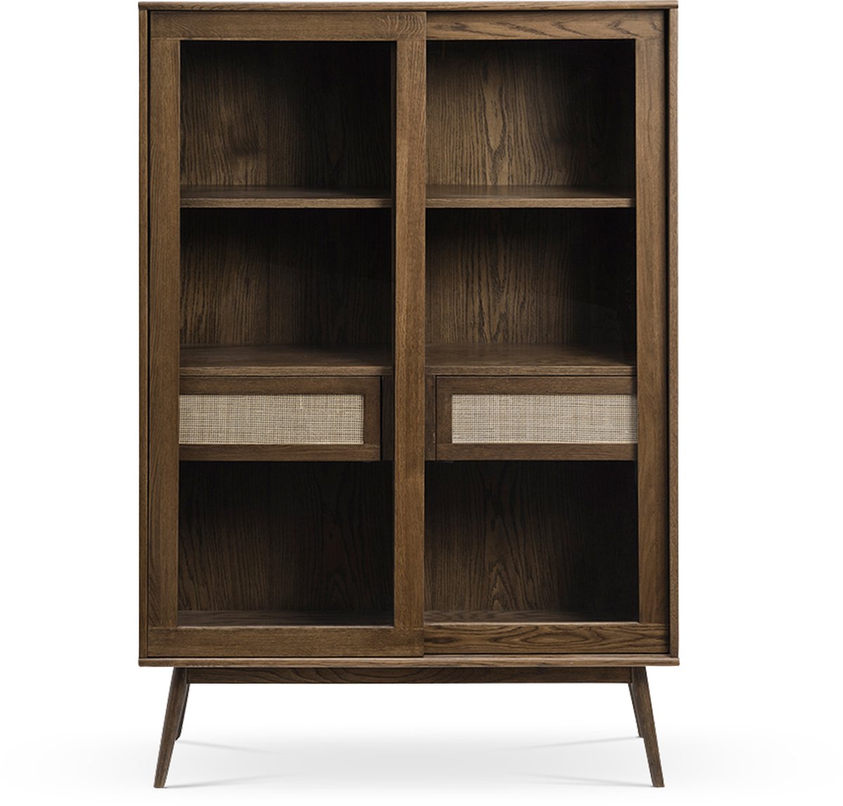 Olivine Boas Houten Vitrinekast Gerookt Eiken - Glas - Rotan - met 3 Planken en 2 Lades - Retro - Japandi - Buffetkast - Donkerbruin - 110 x 40 x 160 cm