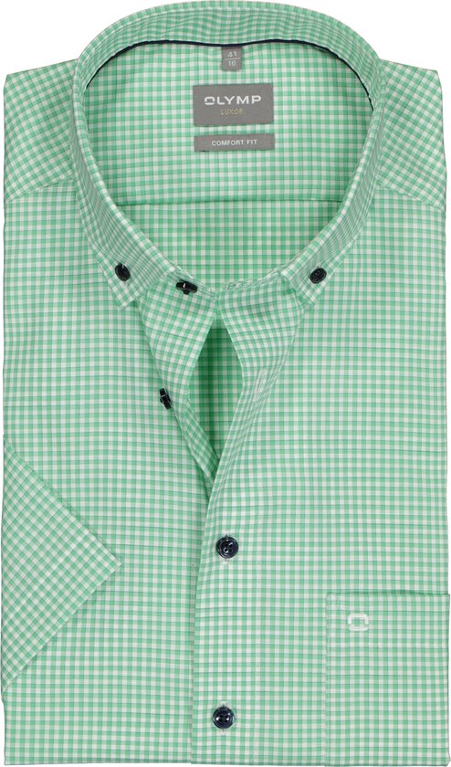 OLYMP comfort fit overhemd - korte mouw - popeline - groen met wit geruit - Strijkvrij - Boordmaat: 42