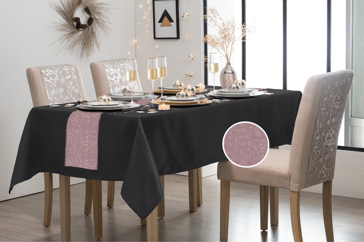 Feest tafelkleed met glitter tafelloper op rol - zwart/rose goud - 10 meter