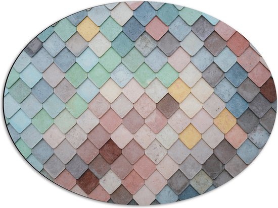 Dibond Ovaal - Wand met Driehoekvormige Textuur in Verschillende Kleuren - 68x51 cm Foto op Ovaal (Met Ophangsysteem)