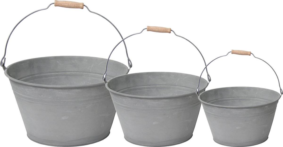 Emmer/plantenpot/bloempot - set van 3x stuks - zink - grijs