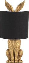 HAES DECO - Tafellamp - City Jungle - Konijn in de Lamp, formaat Ø 20x43 cm - Goudkleurig met Zwarte Lampenkap - Bureaulamp, Sfeerlamp, Nachtlampje