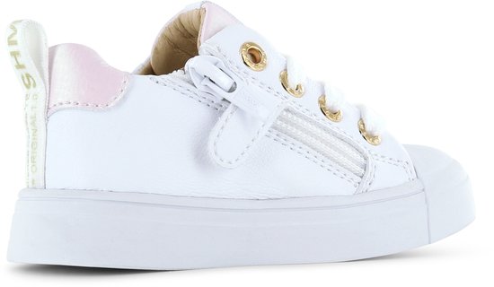 Sneaker blanche à accents roses, œillets de lacet dorés et fermeture éclair, en microcuir.