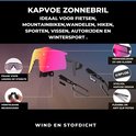 KAPVOE zonnebril met oranje-roze lens, en de verschillende onderdelen: frame voor glazen op sterkte, verwisselbare lenzen, neushouder en pootjes.
