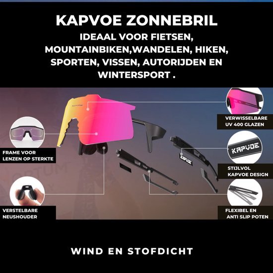 KAPVOE zonnebril met oranje-roze lens, en de verschillende onderdelen: frame voor glazen op sterkte, verwisselbare lenzen, neushouder en pootjes.