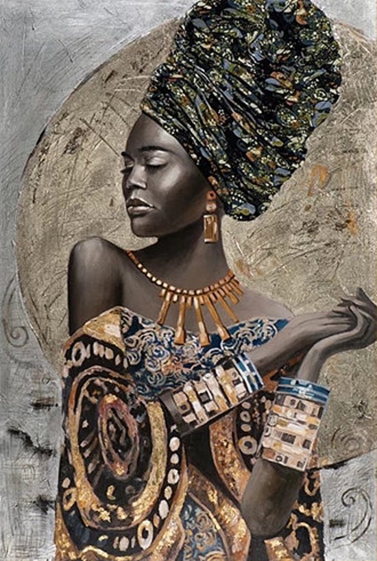 Canvas Schilderij Traditionele Afrikaanse Vrouw Meisje - Modern African Art - Kleur