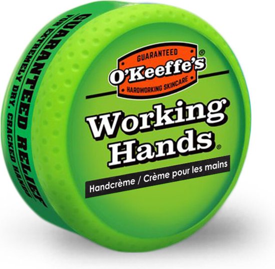 Groene pot O'Keeffe's Working Hands handcrème met oranje en zwarte tekst.