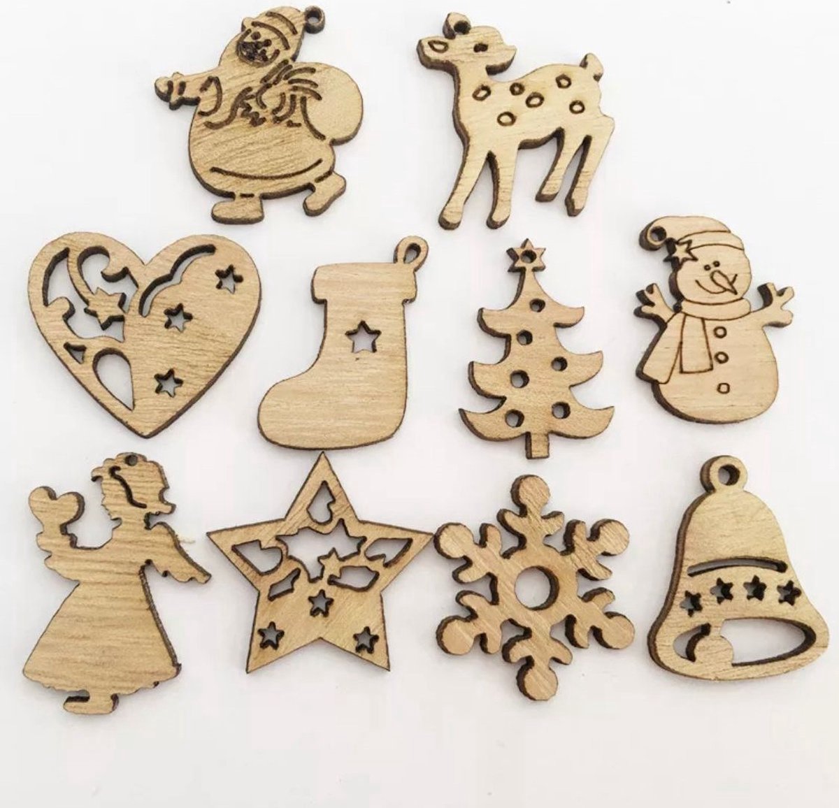 Kerstboomhangers -houten kerstboomhangers -scrapbooking -kerstornamenten -mini -kerstboom hanger hout -mini kerstboom hangers - Kerstboom Versiering - Set 50 stuks – Hout – kerstversiering – kerst - feestdagen – foto 4