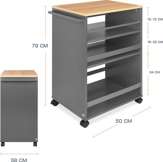bomoe Bengt - Chariot de cuisine sur roulettes 50x79x38 cm - Chariot de service Bois avec 3 Planches & plan de travail FSC® - Anthracite & Chêne