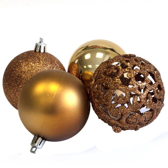 Vier gouden kerstballen: twee mat, één glanzend, één glitter.