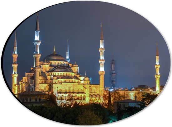 WallClassics - Dibond Ovaal - Sultan AhmetMoskee in de Nacht in Istanbul, Turkije - 28x21 cm Foto op Ovaal (Met Ophangsysteem)