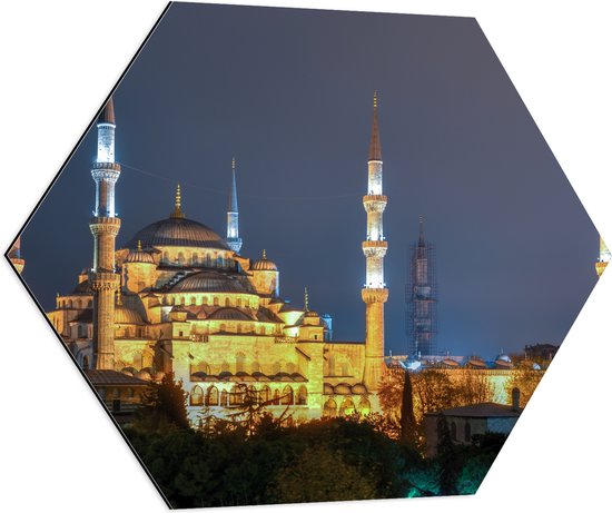 WallClassics - Dibond Hexagone - Mosquée Sultan Ahmet la nuit à Istanbul, Turquie - 80x69,6 cm Photo sur Hexagone (avec système de suspension)