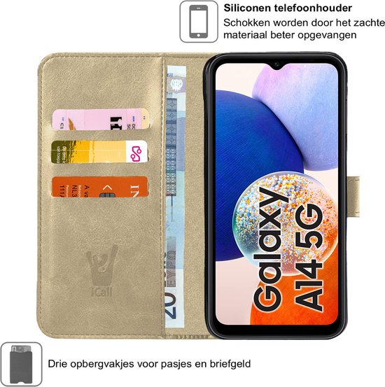 Coque Samsung Galaxy A14 - Etui Livre Porte-Cartes en Cuir Goud