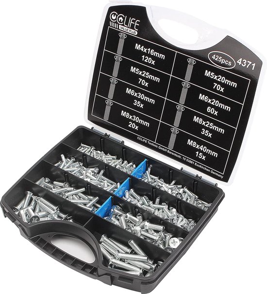 CCLIFE - 425 pièces - Vis de Set avec M4 - M5 - M6 - M8 - Tête cruciforme - Vis à tête fraisée DIN 965 - Bouton plat - Acier galvanisé - Punaises - Vis et fixations - Jeux de boulons et écrous