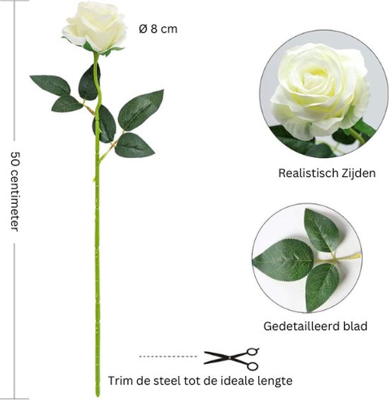 ROSIFY Fleurs artificielles - Fausses Fleurs - Roses Artificielles - Fleurs en Soie - Set de 10 Roses Artificielles - 50cm - Wit