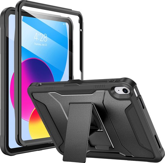 Coque de tablette noire double couche avec béquille intégrée, avec une tablette affichant un écran coloré.