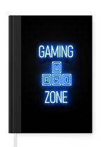 Notitieboek - Schrijfboek - Gaming - Tekst - Gaming zone - Neon - Blauw - Notitieboekje klein - A5 formaat - Schrijfblok