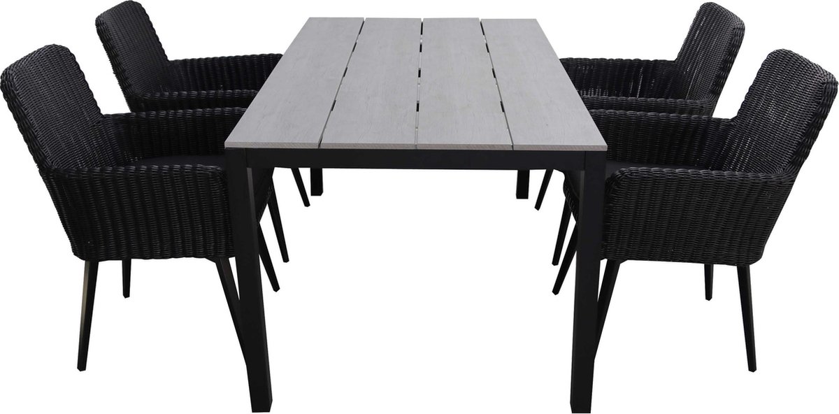 5-delige tuinset | 4 Pisa stoelen (Black) | 180cm Cyprus tuintafel (Grey)