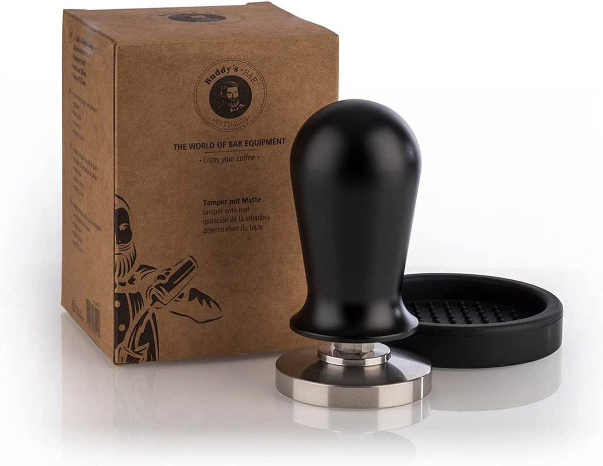 Buddy's Bar Barista Edition koffietamper - 51 mm - roestvrij staal - zwart handvat met siliconenmat
