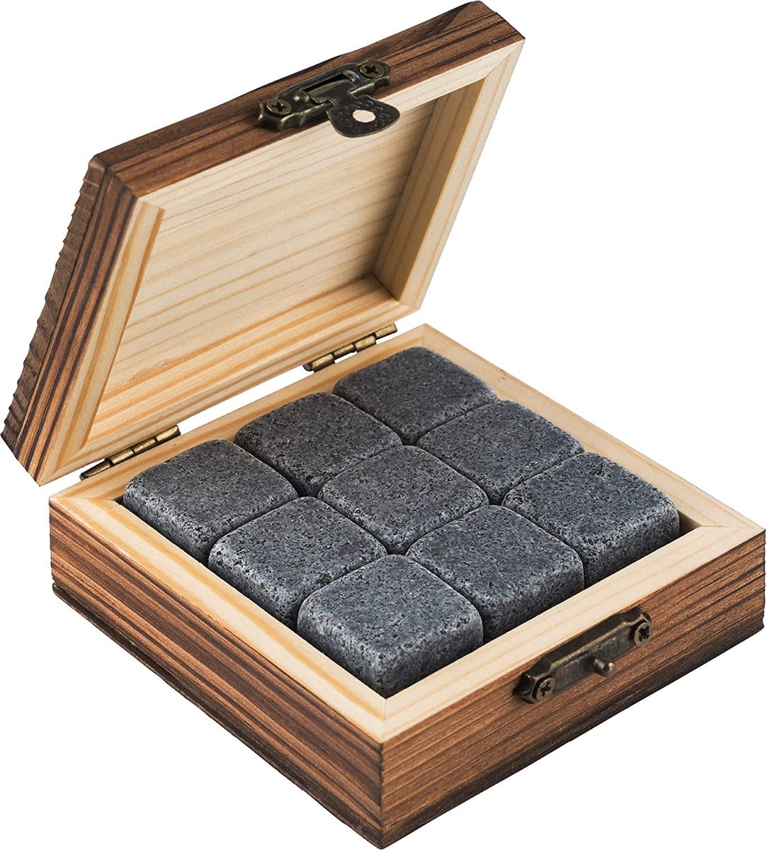 Buddy's Bar Basic - whiskey stenen set - 9 stuks graniet 2 x 2 cm - grijs - houten geschenkdoos