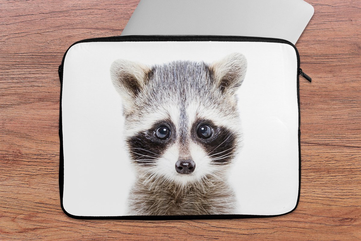 Laptophoes 14 inch - Wasbeer - Dieren - Natuur - Wit - Laptop sleeve - Binnenmaat 33x23 cm - Zwarte achterkant