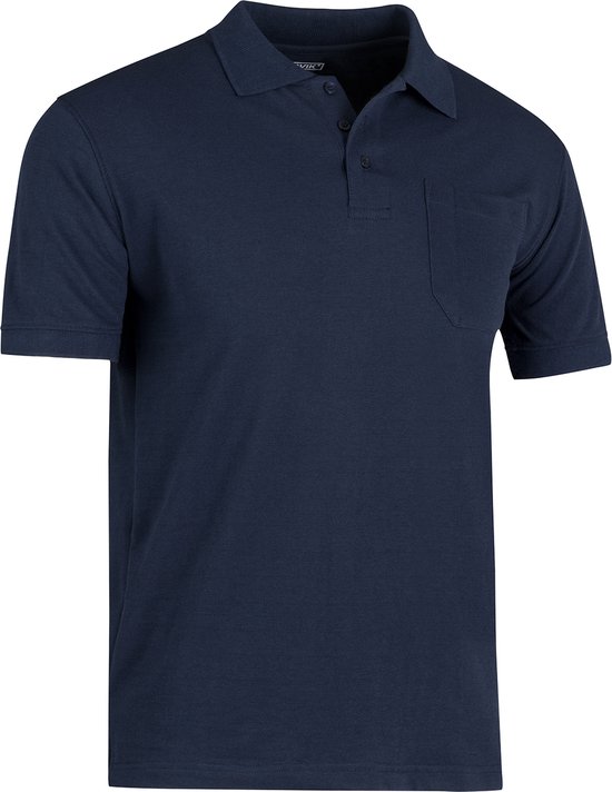 Donkerblauw katoenen poloshirt met korte mouwen, een borstzakje en knoopsluiting.
