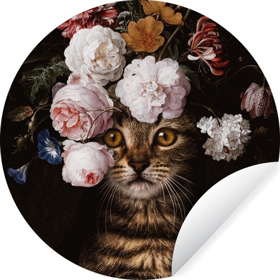 WallCircle - Stickers muraux - Cercle de papier peint - Chat - Fleurs - Animal de compagnie - 30x30 cm - Cercle mural - Autocollant - Autocollant de papier peint rond