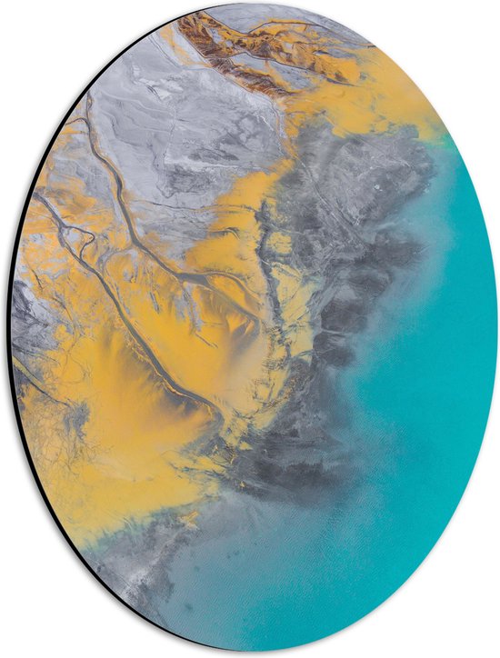 Dibond Ovaal - Abstract Bruin, Geel en Blauwe Vlekken - 30x40 cm Foto op Ovaal (Met Ophangsysteem)