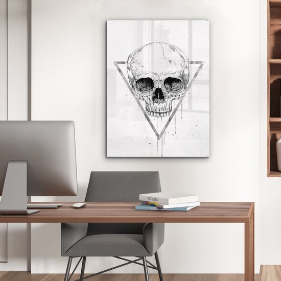MuchoWow® Glasschilderij 60x80 cm - Schilderij acrylglas - Schedel - Driehoek - Tekening - Druppels - Doodskop - Foto op glas - Schilderijen