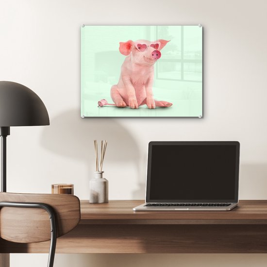 MuchoWow® Peinture sur verre 40x30 cm - Peinture sur verre acrylique - Cochon - Rose - Lunettes - Prise - Animaux - Photo sur verre - Peintures