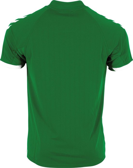 Groen sportshirt van Hummel met witte strepen op de schouders en witte boorden. Achterkant.