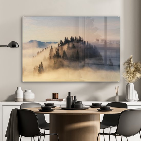 MuchoWow® Peinture sur verre 90x60 cm - Peinture sur verre acrylique - Lever de soleil brumeux dans les montagnes en été - Photo sur verre - Peintures