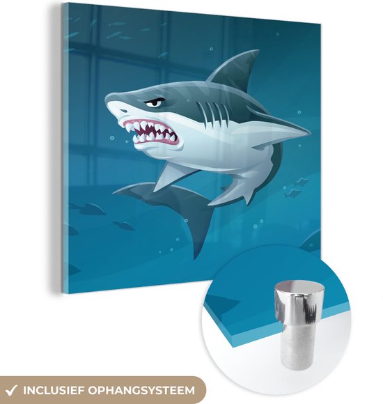 MuchoWow® Glasschilderij 90x90 cm - Schilderij acrylglas - Een illustratie van een kwade witte haai in de oceaan - Foto op glas - Schilderijen
