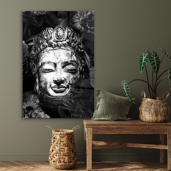 MuchoWow® Peinture sur verre 80x120 cm - Peinture sur verre acrylique - Tête brute de Bouddha avec fleurs et feuilles - noir et blanc - Photo sur verre - Peintures