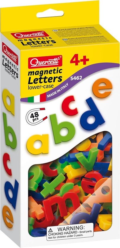 Doos met magnetische kleine letters, 48 stuks, met letters a, b, c, d, e op de voorkant.