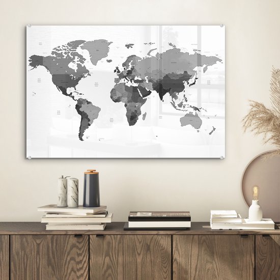 Peinture sur verre - Mappemonde rouge sur fond blanc - noir et blanc - 60x40 cm - Peintures Plexiglas