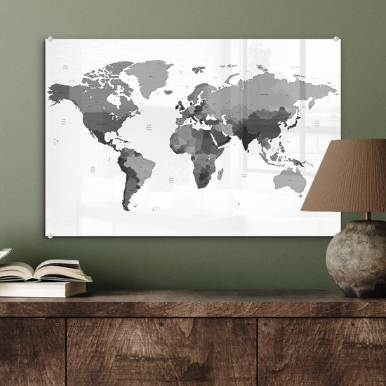 Peinture sur verre - Mappemonde rouge sur fond blanc - noir et blanc - 60x40 cm - Peintures Plexiglas