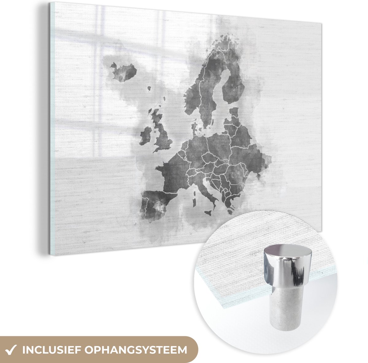 ® Glasschilderij 180x120 cm - Schilderij acrylglas - Kaart Europa - Waterverf - Rood - Foto op glas - Muurdecoratie woonkamer - Wanddecoratie slaapkamer - Schilderijen