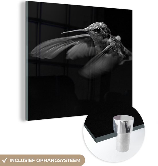 MuchoWow® Glasschilderij 90x90 cm - Schilderij acrylglas - Kolibrie - Vogel - zwart wit - Foto op glas - Schilderijen