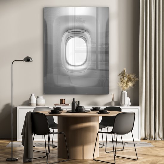 MuchoWow® Peinture sur verre 90x120 cm - Peinture sur verre acrylique - Fenêtre d'avion - noir et blanc - Photo sur verre - Peintures